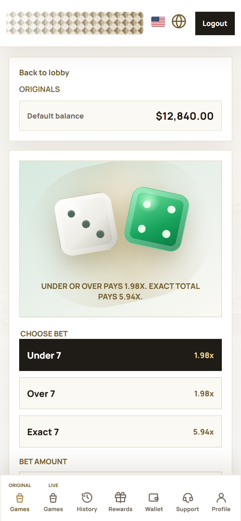Anonymized custom dice game interface