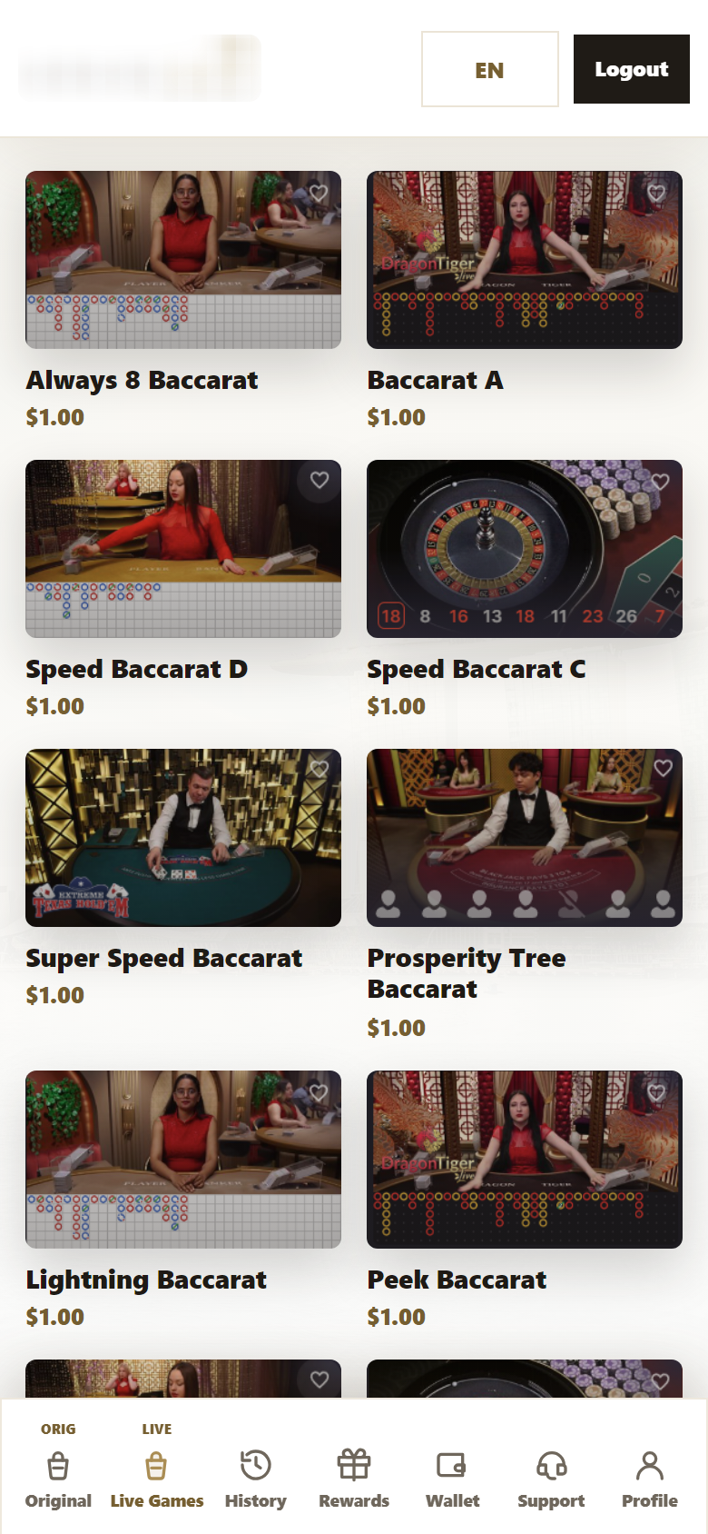 Anonymized live games listing with censored client branding