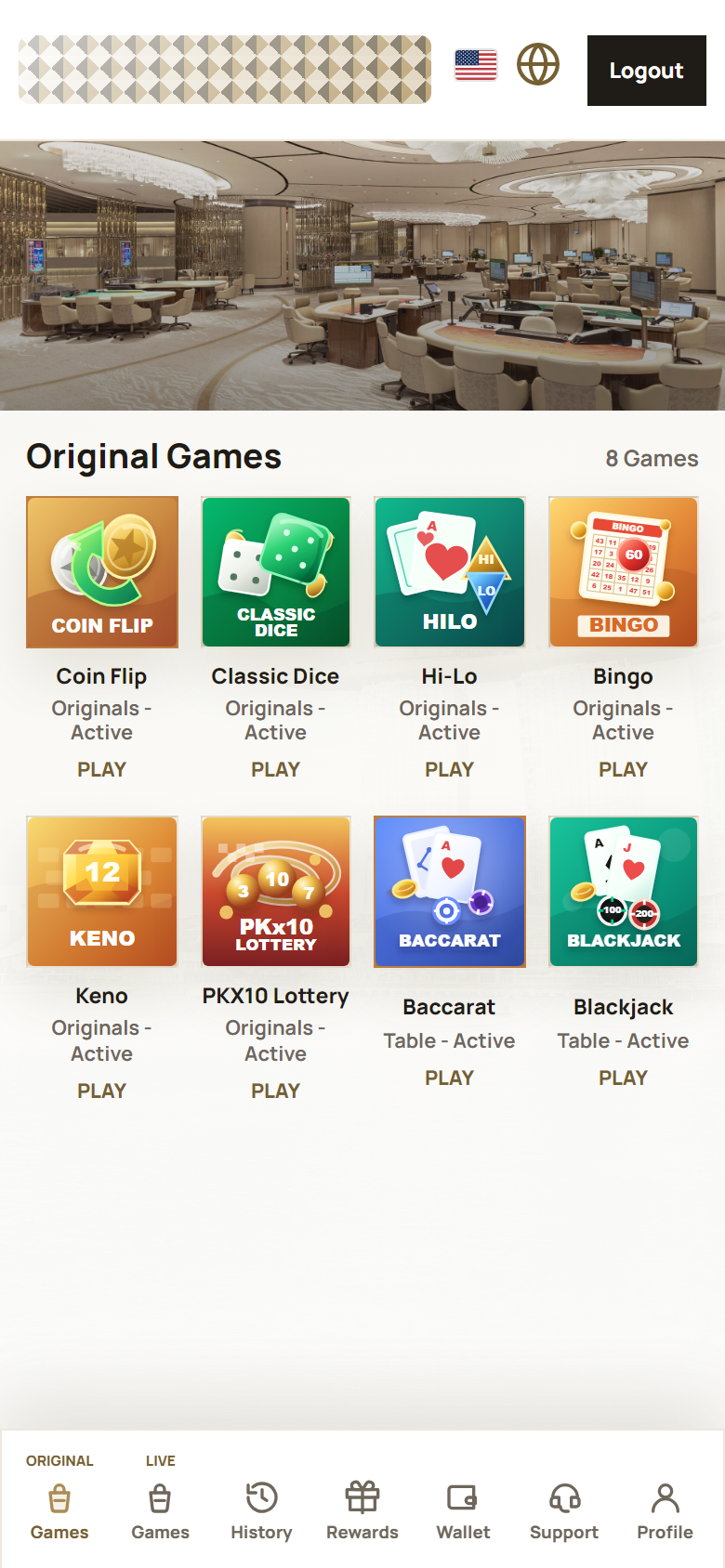 Anonymized mobile casino lobby screen with custom games