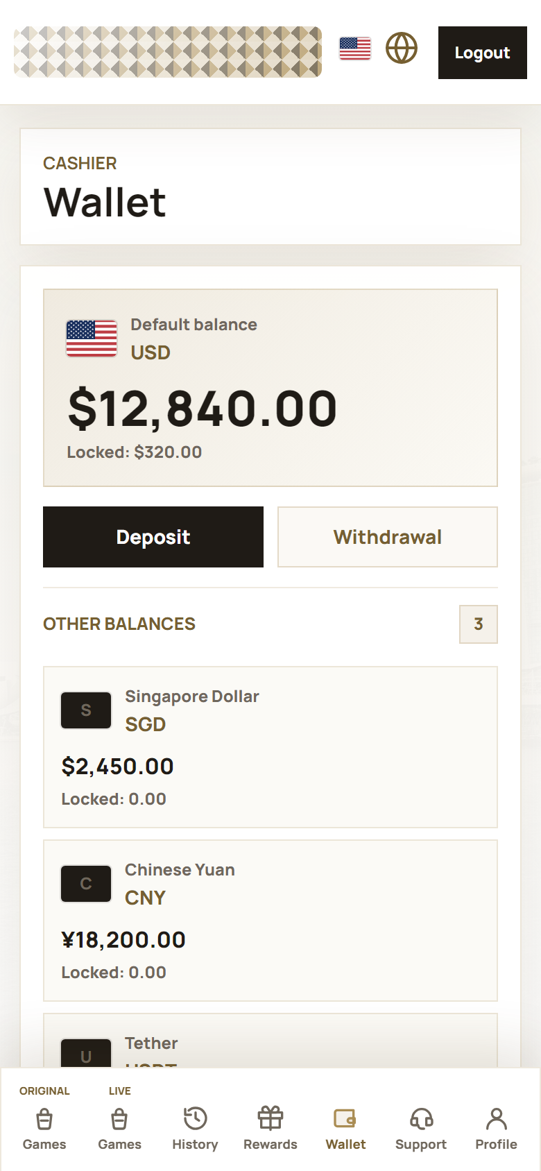 Anonymized wallet and transaction screen