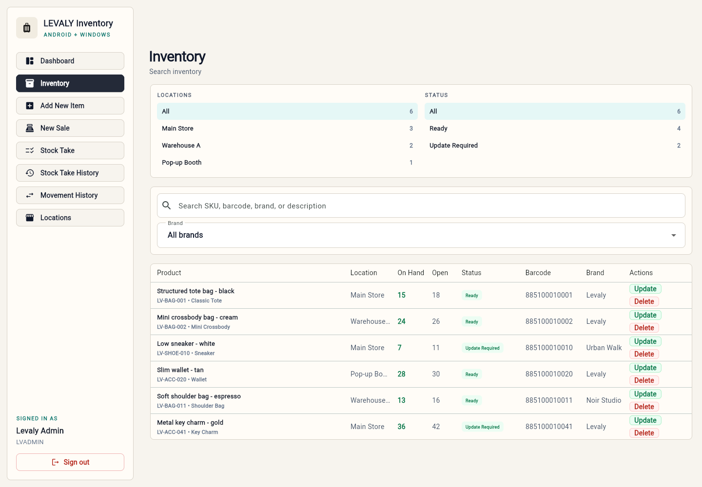 LVApp inventory screen showing filters, SKU search, locations, statuses, product rows, quantities, barcodes, brands, and update actions