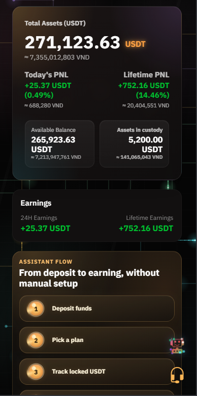 Mobile dashboard showing total assets, daily profit and loss, lifetime profit and loss, earnings, and assistant flow