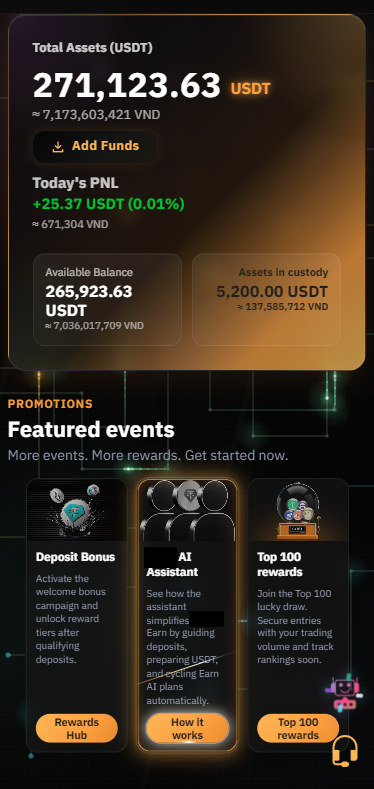 Mobile dashboard showing total assets, featured events, deposit bonus, AI assistant card, and rewards card
